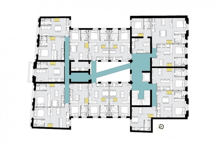 Reabilitação de edifício para habitação popular, planta do edifício. Debora Portugheis, Gabriela Xavier, Gustavo Ramos e Mariana Souto, FAU USP<br />3º lugar 