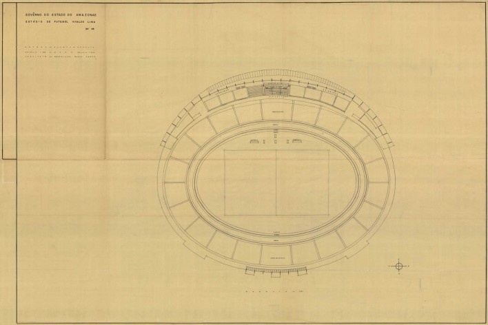 Estádio Vivaldo de Lima, planta geral 02. Arquiteto Severiano Porto, 1965<br />Escaneamento de Cláudio Muniz  [Acervo do Núcleo de Pesquisa e Documentação – FAU/UFRJ – Brasil]