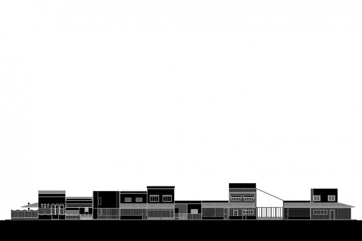 Casa 711H, elevação do casario, Brasília, 2017. Arquitetos Daniel Mangabeira, Henrique Coutinho e Matheus Seco<br />Desenho divulgação 