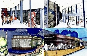 Vista da biblioteca para a exposição temporária; vista da exposição temporária para a biblioteca e loja; vista externa noturna da rótula; área externa do restaurante<br />Imagem dos autores do projeto 