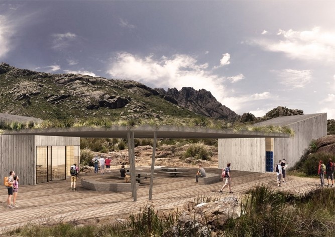 Parque Nacional de Itatiaia, maquete eletrônica do Núcleo Rebouças (praça Rebouças parte alta / sistema construtivo em woodframe e madeira laminada colada), Rio de Janeiro Brasil / Minas Gerais Brasil, 2017. Arquitetos Pedro Paes Lira, Manoela Machado, Ca<br />Imagem divulgação  [Acervo Natureza Urbana]