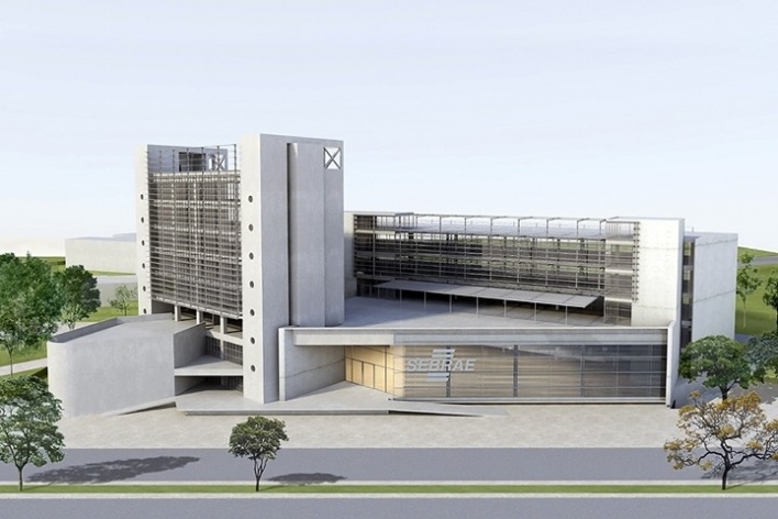 Centro de Referência em Empreendedorismo do Sebrae-MG, vista do conjunto, 2º lugar. Arquiteto Francisco Spadoni, 2008<br />Desenho escritório 
