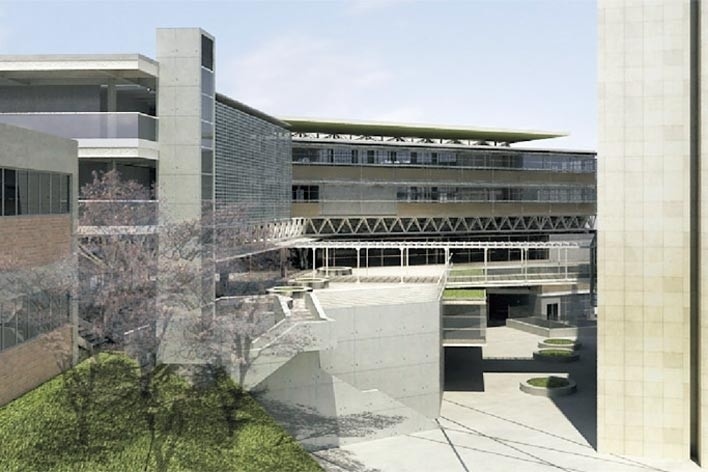 Centro de Referência em Empreendedorismo do Sebrae-MG, praça de integração dos volumes, 3º lugar. Arquiteto Enrique Hugo Brena, 2008<br />Desenho escritório 