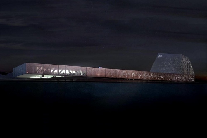 Concurso Internacional para Projeto Arquitetônico do Museu Exploratório de Ciências da Unicamp, vista noturna, 1º lugar. Arquitetos Reinaldo Nishimura, Daniel Corsi e Dani Hirano, 2009<br />Imagem equipe 
