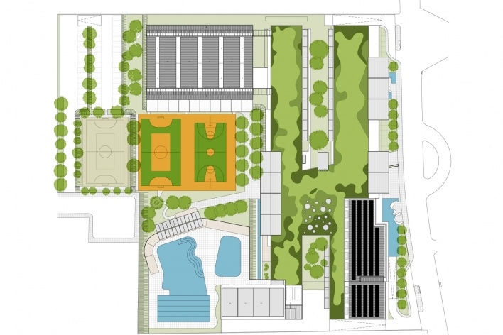 Concurso de Propostas Arquitetônicas para o futuro SESC Guarulhos, implantação, 9º lugar. Batagliesi Arquitetos + Designers<br />Desenho dos autores 