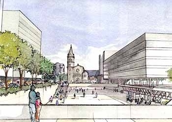 Perspectiva da praça proposta em frete à igreja<br />Autores do projeto 