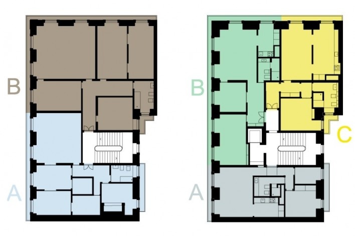 Edifício residencial em Fanqueiros, plantas anterior e após reforma. Arquiteto José Adrião, 2007-2011