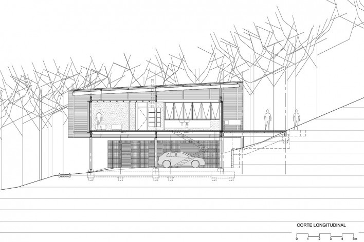 Residência Praia Vermelha, corte longitudinal, Ubatuba SP Brasil, 2015. Arquitetos Lua Nitsche e Pedro Nitsche/Nitsche Arquitetos<br />Imagem divulgação  [Acervo Nitsche Arquitetos]