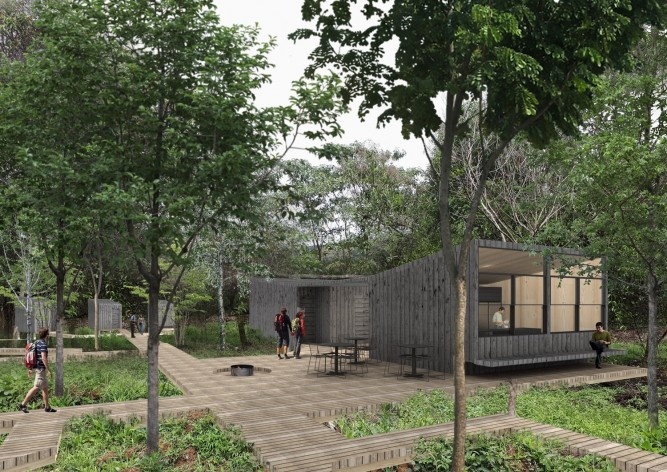 Parque Nacional de Itatiaia, maquete eletrônica do Núcleo da Montanha (glamping parte alta / sistema construtivo em woodframe), Rio de Janeiro Brasil / Minas Gerais Brasil, 2017. Arquitetos Pedro Paes Lira, Manoela Machado, Camila Sanches, Giulia Corsi / <br />Imagem divulgação  [Acervo Natureza Urbana]