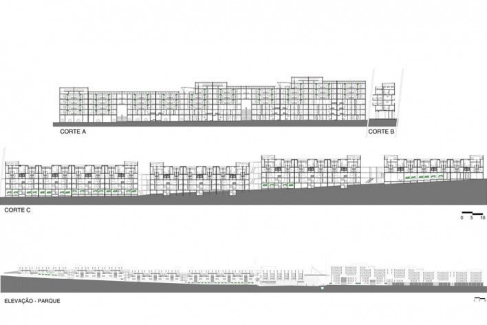 Parque Novo Santo Amaro V - Programa Mananciais, cortes AA, BB, CC e elevação, São Paulo SP Brasil, 2009 – 2012. Arquitetos Héctor Vigliecca, Luciene Quel, Neli Shimizu e Ronald Fiedler Werner / Vigliecca & Associados<br />Imagem divulgação  [Acervo Vigliecca & Associados]