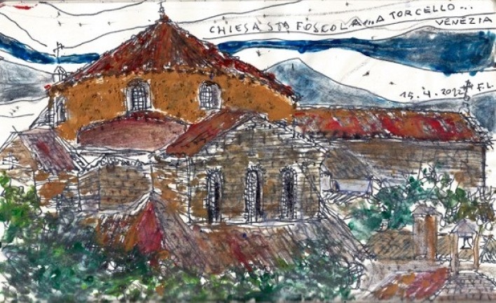 Desenho da Basílica pela vista da Locanda Cipriani, feito na visita<br />Desenho Fabio Lima 
