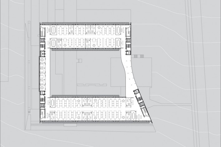 Sebrae Headquarters, first floor plan – level 1070,05, Brasília DF, 2010. Architects Alvaro Puntoni, Luciano Margotto, João Sodré and Jonathan Davies