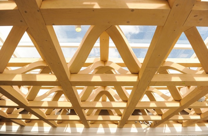 New Aspen Art Museum, Colorado, roof deck truss detail. Shigeru Ban Architects<br />Foto Derek Skalko  [Foto divulgação]
