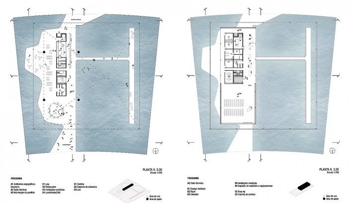 Pavilhão do Brasil Expo Dubai 2020, plantas níveis 0,0 e 3.05, Dubai/Emirados Árabes Unidos, 2018. Arquitetos José Paulo Gouvêa, Marta Moreira, Martin Benavidez e Milton Braga<br />Imagem divulgação  [Acervo BEN-AVID/MMBB Arquitetos/JPG.ARQ]