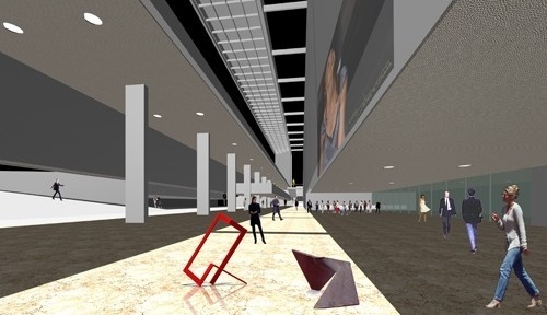 Perspectiva saguão - interligação entre as salas de espetáculo<br />Imagem do autor do projeto 
