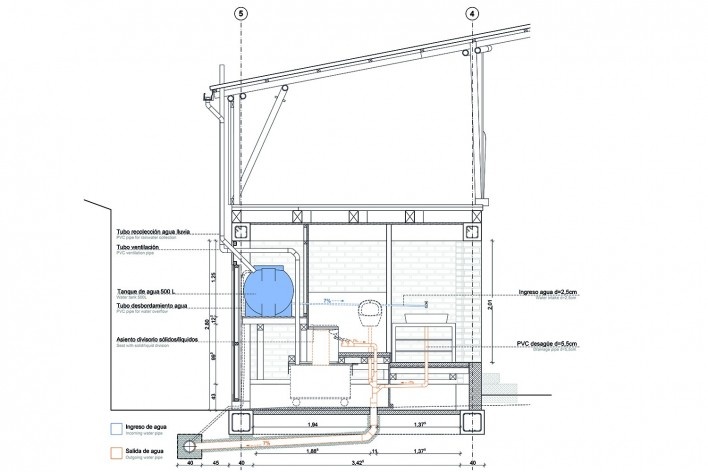 Centro Cultural Chamanga, detalle baño, San José de Chamanga, Esmeraldas, Ecuador, 2018. Atarraya Taller de Arquitectura, Opción Más Chamanga, Universidad de Ciencias Aplicadas de Munich, Universidad Estatal de Portland y Universidad de Tokio<br />Imagen divulgación  [Atarraya Taller de Arquitectura]