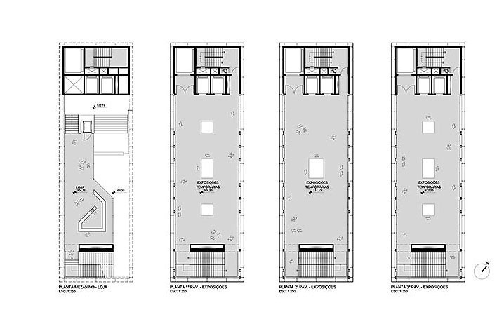 Museu da Diversidade Sexual, plantas mezanino-loja, 1º, 2º e 3º pavimentos. AUM Arquitetos, 2014<br />Imagem divulgação 