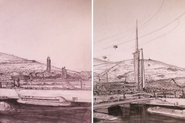 Desenhos de Frank Lloyd Wright na mostra “The Human Insect: Antenna Architectures 1887-2017”<br />Foto Ana Tagliari / Wilson Florio, 2018 