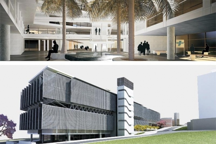 Centro de Referência em Empreendedorismo do Sebrae-MG, praça de integração dos volumes e edifício integrado com a rua e a topografia, 3º lugar. Arquiteto Enrique Hugo Brena, 2008<br />Desenhos escritório 