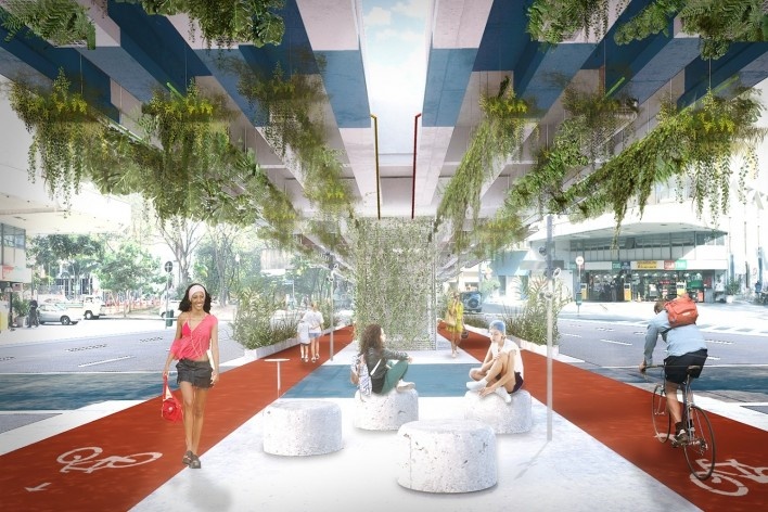 A marquise do Minhocão, perspectiva da parte inferior, São Paulo, 2016. Triptyque Architecture + Guil Blanche<br />Imagem divulgação 