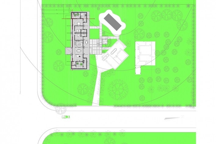 Casa do Cerrado (Prata e Lopez), implantação-térreo, Barretos SP Brasil, 2019. Arquitetos Aline Coelho Sanches e Lucas Corato / Aline Coelho Sanches + Corato Arquitetura & Design<br />Imagem divulgação  [Aline Coelho Sanches + Corato Arquitetura & Design]