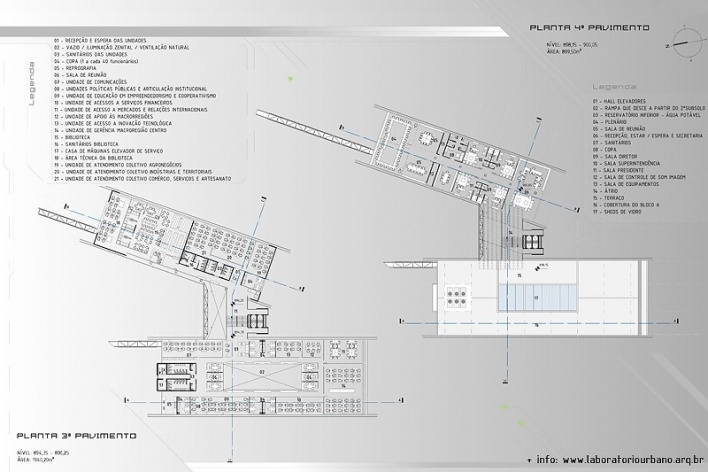 Centro de Referência em Empreendedorismo do Sebrae-MG, plantas terceiro e quarto pavimentos, menção honrosa. Arquiteto Érico Flumignan Pacheco, 2008<br />Desenho escritório 