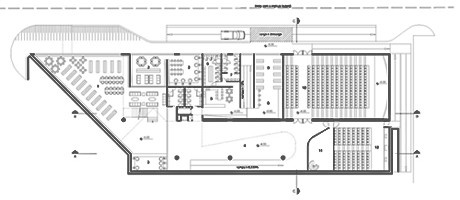 Subsolo (biblioteca, produção de material de ensino, recepção, controle e bibliotecária, átrio, copa dos funcionários, vestiário feminino, vestiário masculino, manutenção, almoxarifado, auditório, almoxarifado áudio-visual, cinema)<br />Imagem dos autores do projeto 