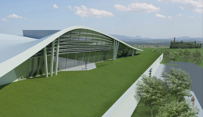 Perspectiva externa - relação com as ruínas<br />Desenho escritório 