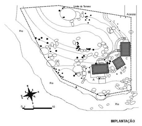 Planta de implantação no terreno localizando a distribuição dos 3 módulos de edificação<br />Imagem dos autores do projeto 