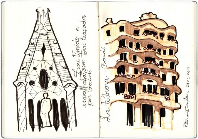 Igreja da Sagrada Família e Casa Milà, Barcelona, Espanha<br />Desenho de Petterson Dantas 
