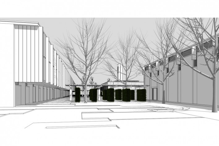 Saint Catherine’s College, vista geral em direção ao quad, com cerca viva, Oxford, Inglaterra, 1959-1964, arquiteto Arne Jacobsen<br />Modelo tridimensional de Edson Mahfuz e Ana Karina Christ 