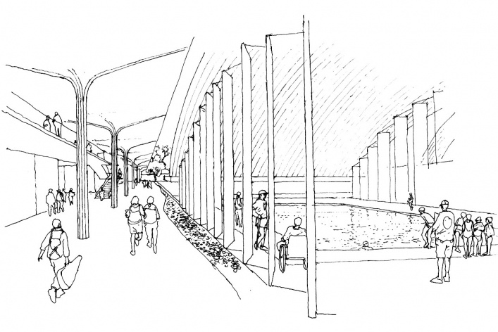 Concurso de Propostas Arquitetônicas para o futuro SESC Guarulhos, 5º lugar, circulação central e piscina coberta. Escritório Ricoy Torres Consultoria e Projetos<br />Desenho divulgação 