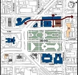 1.Biblioteca;2.Referência ao Professorado;3.Reitoria;4.Apoio Turístico;5.Biblioteca Pública Estadual;6.Palácio da Liberdade;7.Defesa Social;8.SETOP;9.INSS;10.Secretaria da Cultura;11.PMMG;12.Associação Feminina;13.Palácio do Bispo;14.Edifício Niemeyer<br />Imagem dos autores do projeto 