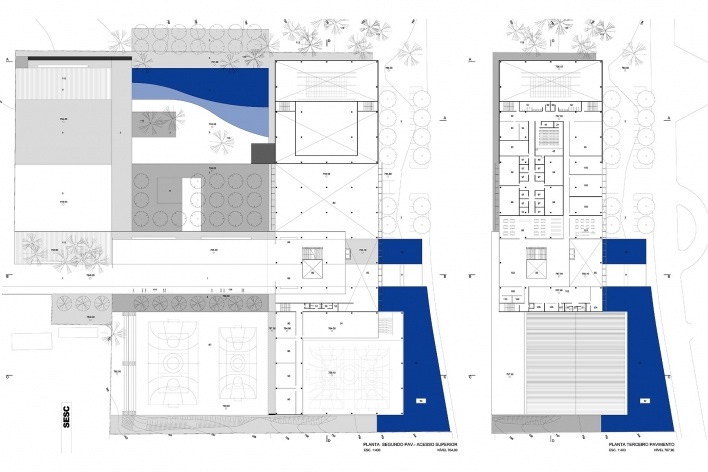 Concurso de Propostas Arquitetônicas para o futuro SESC Guarulhos, plantas do 2º pavimento (acesso superior) e 3º pavimento, 4º lugar. Escritório Libeskind Llovet Arquitetos<br />Desenhos do escritório 