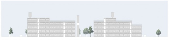 Fachada sobre o jardim interno. Concurso Habitação para Todos. CDHU. Edifícios de 6/7 pavimentos - 2º Lugar. <br />Autores do projeto  [equipe premiada]