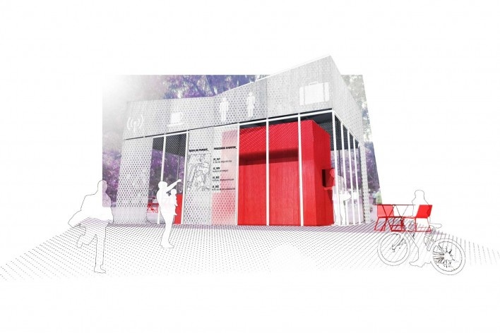 Projeto de quiosque para parques públicos de São Paulo. perspectiva externa.Pedro Varella, Amanda Arcuri. Menção honrosa categoria estudantes, 2009.