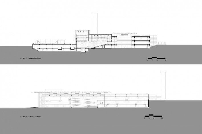 Sesc Guarulhos, cortes transversal e longitudinal, Guarulhos, 2019. Arquitetos Lilian Dal Pian e Renato Dal Pian / Dal Pian Arquitetos<br />Imagem divulgação  [Acervo Dal Pian Arquitetos]