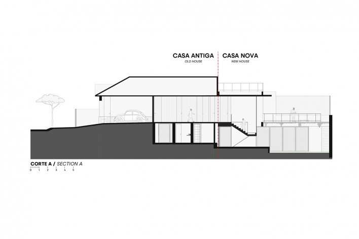 Casa Floresta, corte AA, Belo Horizonte MG Brasil, 2021. Arquitetos Zargos Rodrigues, Rodrigo Pereira, Frederico Rodrigues, Carla Deltreggia, Ika Okamoto, Letícia Armond, Nathalia Melo e Laís Parreiras (autores) / Estúdio Zargos<br />Imagem divulgação  [Estúdio Zargos]