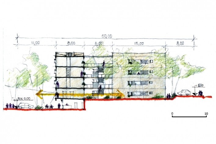 Proposta bairro urbano + produção agrícola, corte do edifício habitacional. Roney Pessoa, FAU PUC-Campinas<br />2º lugar 