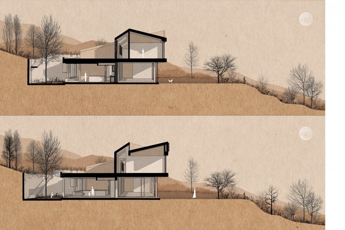Cangahua House, sections, Pacho Salas, Tumbaco, Ecuador, 2020. Architects Felipe Muller, Gonzalo Diez, Paola Picciallo, Alvaro Borrero and Hugo Navarrete (authors) / Diez+ Muller Arquitectos<br />Imagem divulgação/disclosure image/divulgacíon  [Diez+ Muller Arquitectos]