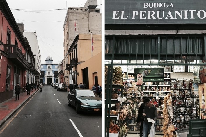 À esquerda, Jirón Cailloma, ao fundo a Casa Marquês Osambela, século 18, Lima, Centro; à direita, Mercearia El Peruanito, Miraflores, Lima<br />Foto José Lira 