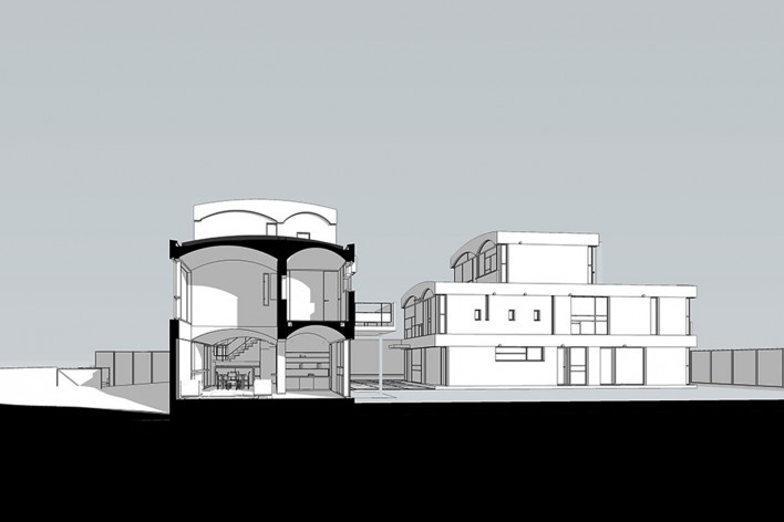 Casas Jaoul, corte, Neully-sur-Seine, Paris, França, 1951-56. Arquiteto Le Corbusier<br />Modelo tridimensional Lucas Kirchner/Imagem Edson Mahfuz 