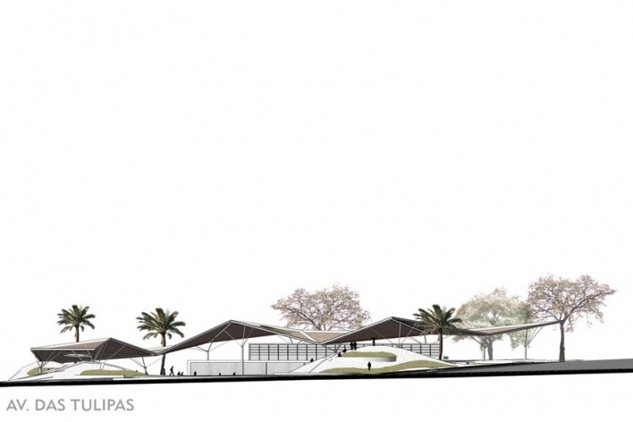 Praça do Natal, Natal RN Brasil, elevação Av. das Tulipas, 2° lugar Concurso Público de Arquitetura. Estúdio América, 2009<br />Desenho escritório 