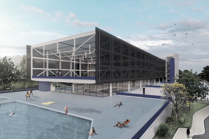 Sesc Limeira, conjunto de piscinas, 2017. Arquitetos Alvaro Puntoni, João Sodré, José Paulo Gouvêa e Pedro Mendes da Rocha / Grupo SP + JPG.ARQ + Pedro Mendes da Rocha