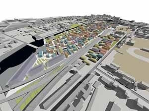 Vista geral a partir do norte. Os edifícios maiores em primeiro plano correspondem a equipamentos para inserção cultural dos turcos e outras minorias étnicas de Berlim<br />Autores do projeto 