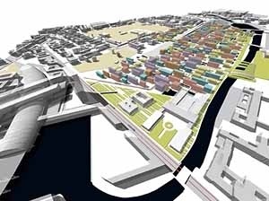 Vista geral a partir das estações (Lerther Bahnhof à esquerda e Hamburger Bahnhof à direita)<br />Autores do projeto 