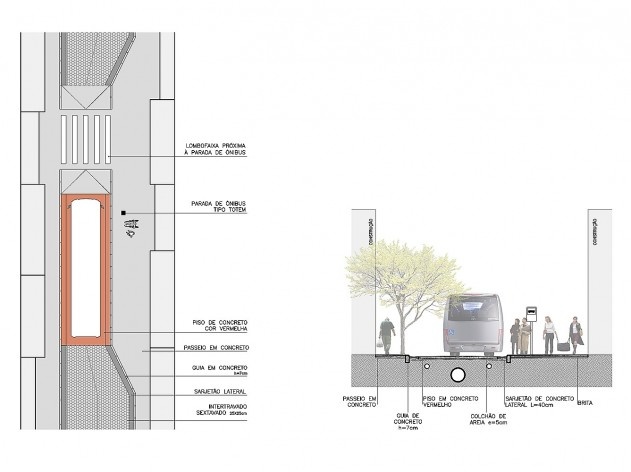 Diagrama de projeto. Detalhe do ponto de ônibus tipo abrigo. Projeto de Urbanização Integrada<br />Fonte Boldarini Arquitetos Associados 