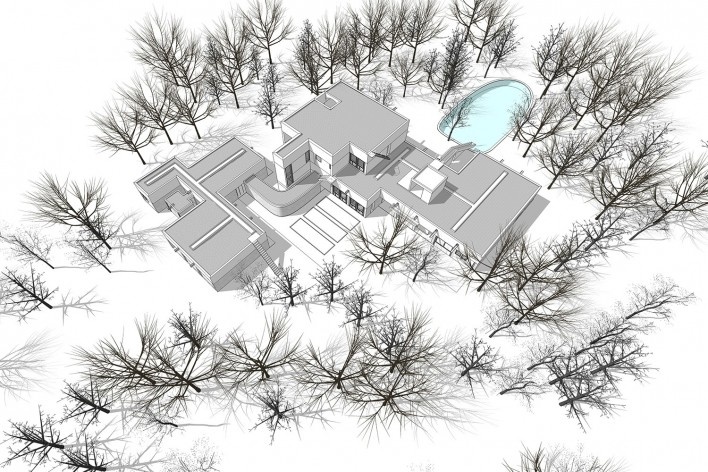 Casa Sarabhai, vista aérea, Shadibag, Ahmedabad, India, 1952-55. Arquiteto Le Corbusier<br />Modelo tridimensional Matheus Bragagnolo / Imagem Edson Mahfuz 