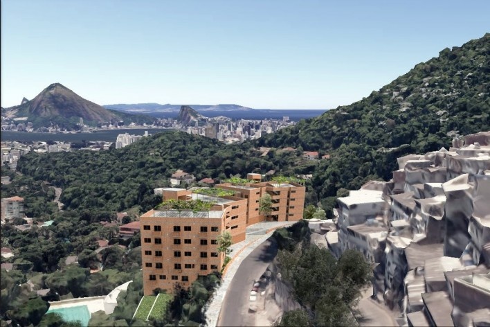 Habitacional Humuarana, fachada oeste, com Estrada da Gávea e o Sub-Bairro 199 em primeiro plano, Rio de Janeiro, 2020. Arquiteto Luiz Carlos Toledo e estagiário Maciel Antônio da Silva