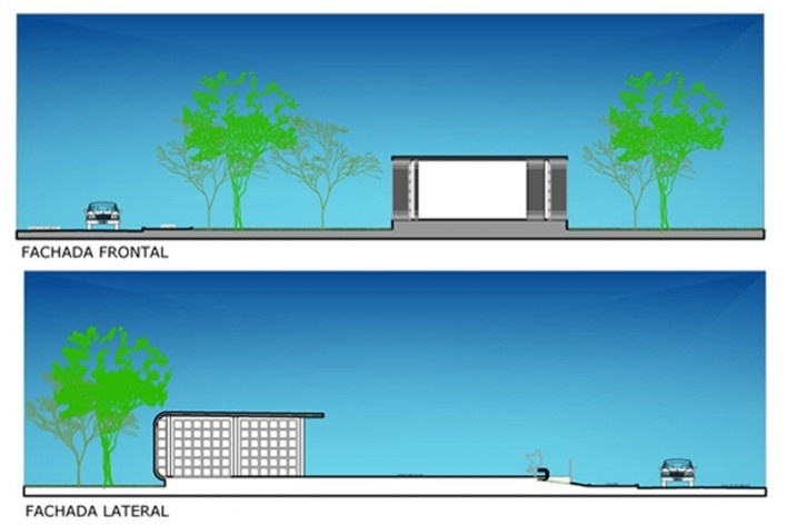 Fachada frontal e latera, implantação bloco reduzido. Academia da Saúde. Recife, 2011<br />divulgação 